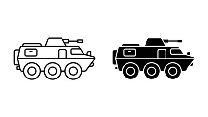 Armored Personnel Carrier Icon: A clean, vector illustration of an armored personnel carrier in both outline and silhouette forms, featuring wheels and a turret-mounted weapon. © abu