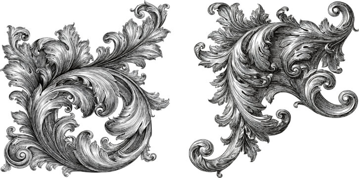 This luxurious vintage-style corner ornament features intricate dense engraved foliage swirls with a fine hatching technique, rendered in clean vector line art