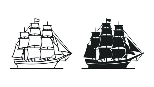 Old Sailing Ship Illustrations: A detailed outline and a solid silhouette illustration of an antique sailing ship, showcasing its majestic sails and hull.