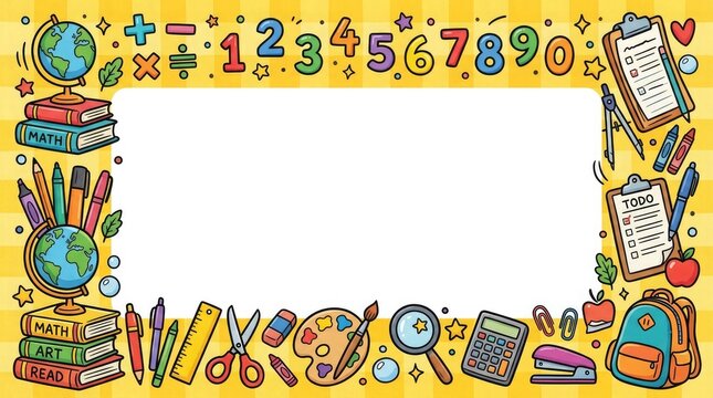 School supplies border with educational elements and yellow gingham background for classroom decor