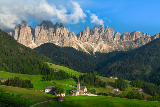 Santa maddalena village with dolomites mountains in val di funes