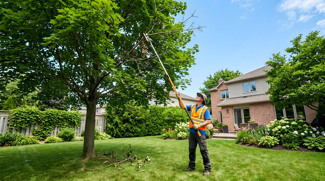 Professional Arborist Pruning Tall Tree in Suburban Backyard | Landscaping and Tree Care Services | Man Using Long Pole Saw for Garden Maintenance | Residential Property Outdoor Improvement and Safety