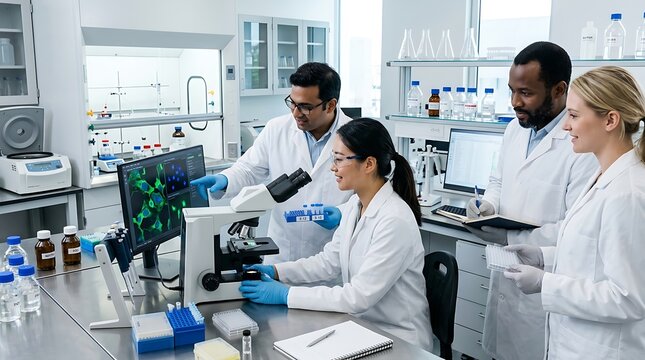 Diverse research team collaborating in modern biomedical laboratory setting