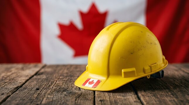 Labour day canada september 7 yellow hard hat with canadian flag on a wooden table