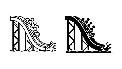 Water Slide Icons: Two stylized icons of a water slide, one in outline and one in solid black, depict a fun summer ride with splashing water and people enjoying the descent. © Md
