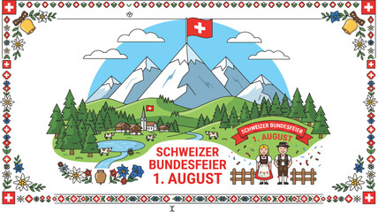 Obraz premium Switzerland national day postcard template with detailed aerial view of alpine nature valley rivers mountains and village