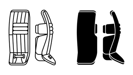 Hockey Goalie Pad Diagrams: Detailed line drawings and a silhouette illustrate the design and components of hockey goalie leg pads. © BD
