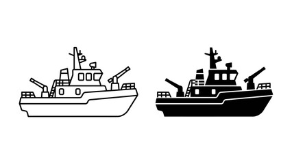 Patrol Boat Icons: Two stylized illustrations of a patrol boat, one in outline and the other in solid black, showcasing its distinct design with cannons and a commanding bridge. © Tahura