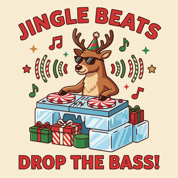 A festive reindeer DJ energetically dropping the beats while surrounded by gifts, embodying the joy and spirit of holiday celebrations in a vibrant illustration.
