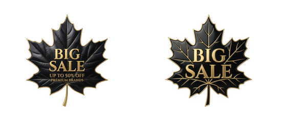 Fototapeta premium Set of two black maple leaf icons with gold text big sale isolated on transparent background