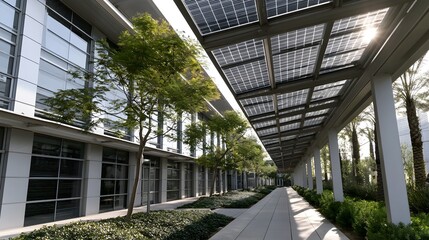 Obraz premium Solar panels cover walkway beside glass building with trees and greenery under bright daylight