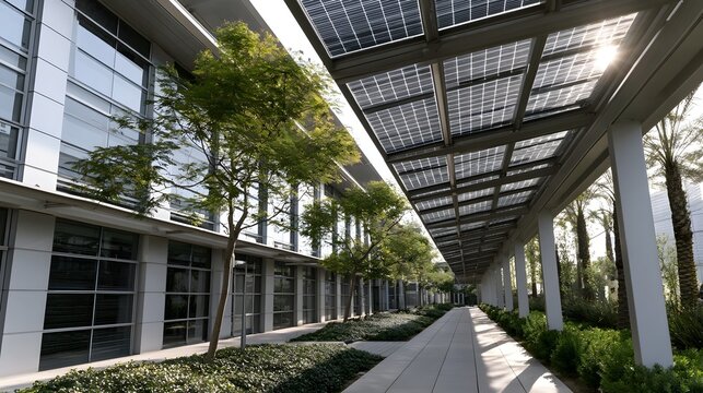 Solar panels cover walkway beside glass building with trees and greenery under bright daylight