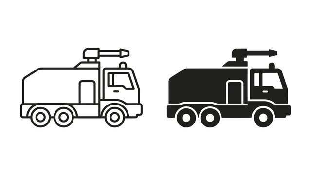 Fire Truck Icons: Two stylized icons, one in outline and one in solid black, depict a fire truck with a water cannon, representing emergency services and firefighting.