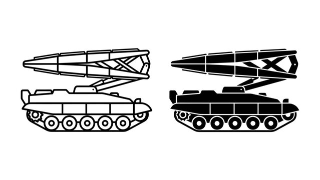 Rocket Launcher on Tracked Vehicle: A detailed line art illustration in both outline and solid black depicts a military rocket launcher system mounted on a tracked vehicle, ready for deployment.