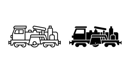 Locomotive Icon: A set of graphic icons featuring a locomotive in both outline and solid silhouette styles, perfect for transportation or industrial themes. © mahfuz