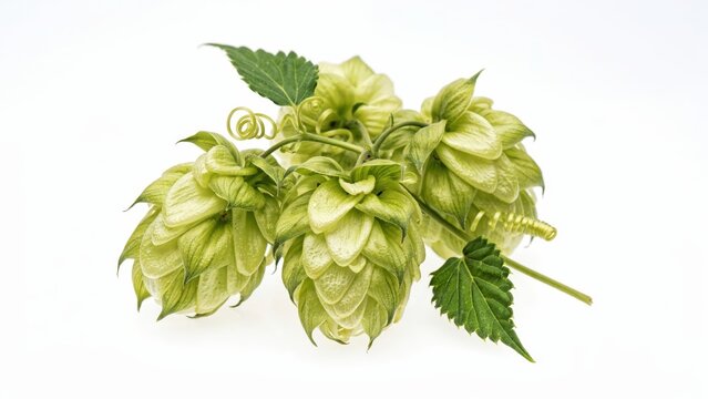 Fresh green hop cones with leaves isolated on white background