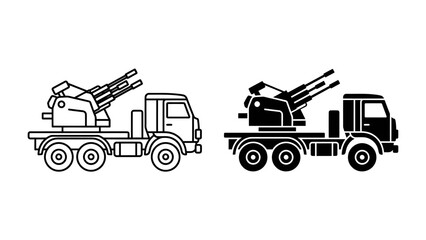 Anti-Aircraft Vehicle: A technical illustration depicting a mobile anti-aircraft gun mounted on a truck, presented in both line art and silhouette styles. © mahmuda