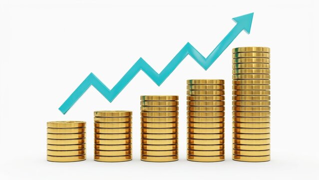 Shiny gold coin stacks with a bright blue upward arrow