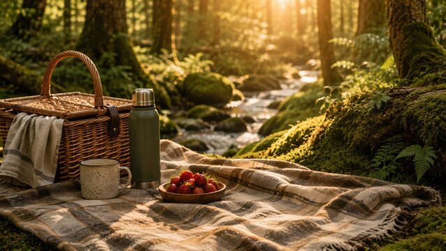 picnic basket in forest with strawberries and thermos