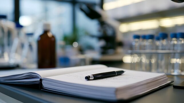An open notebook with a pen rests on a laboratory bench surrounded by glassware and bottles
