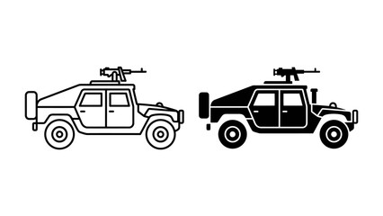 Military Vehicle Icon: A rugged military vehicle, equipped with a mounted weapon, depicted in both outline and solid black vector illustration, symbolizing power and defense. © helal
