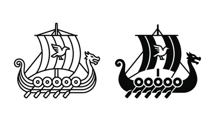 Viking Ship Iconography: A stylized depiction of a Viking longship, showcasing its distinctive dragon head prow and single square sail adorned with a dove symbol. © mahmuda