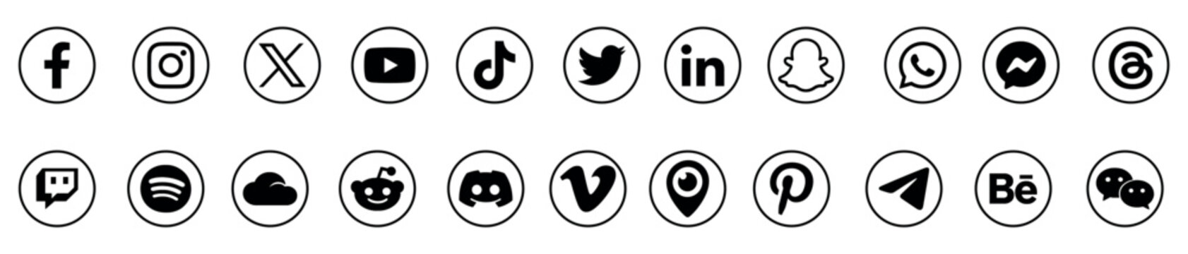 Popular Social Media Logo Icons Set with Black