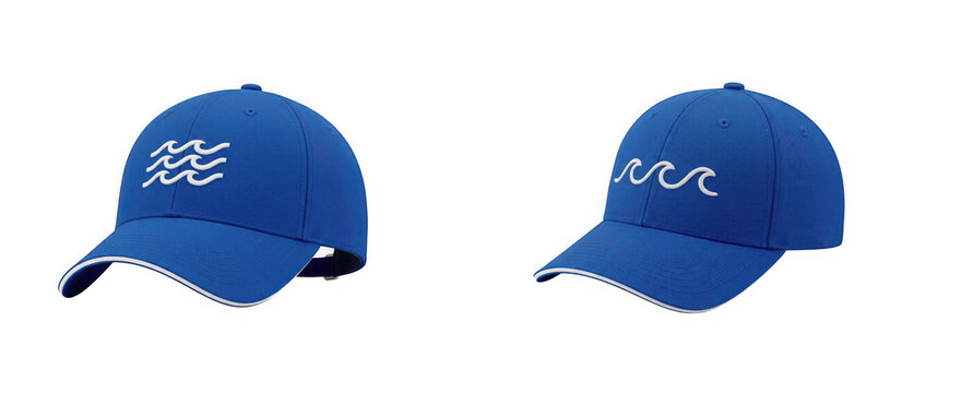 Two blue baseball caps with white wave embroidery isolated on transparent background