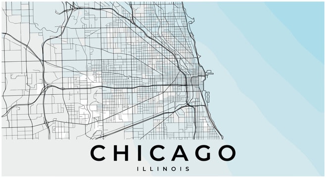 Chicago Illinois City Map Art Poster Vector Design with Minimalist Street Grid Lines, Urban Road Network, and Lake Michigan Light Blue Waterfront