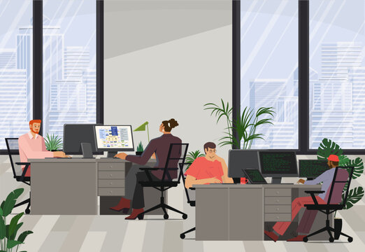 People work in the office at desks with panoramic views of skyscrapers. Vector illustration.
