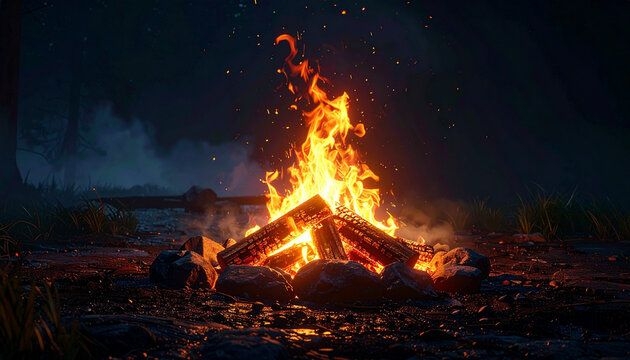 Night campfire burning in forest with glowing embers and smoke