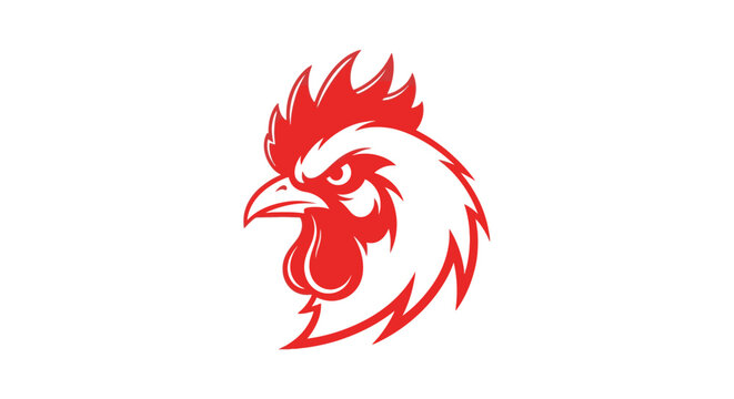 Stylized red rooster head logo design on white background.