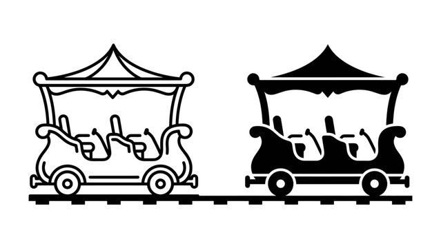 Vintage Roller Coaster Cart: A whimsical vintage roller coaster cart, depicted in both outline and silhouette, sits on tracks, ready for a thrilling ride.