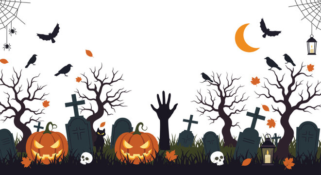 Spooky halloween graveyard scene featuring carved pumpkins dead trees gravestones skulls bats and a crescent moon on white background design