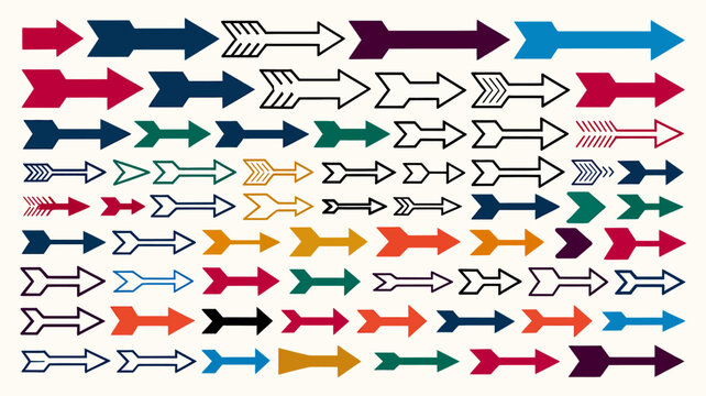 Collection of diverse arrow shapes and colors in a grid pattern arrows, direction