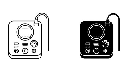 Portable Tire Inflator Icons: A minimalist illustration depicting two icons of a portable tire inflator, one in outline and the other in solid black, showcasing its digital display, pressure gauge. © maliha