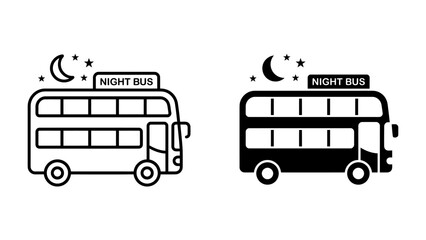 Night Bus Icons: Two distinct icons of a double-decker bus labeled NIGHT BUS, set against a backdrop of stars and a crescent moon, representing nocturnal public transport. © Tahura