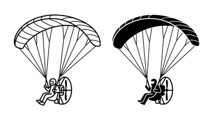 Paramotor Silhouette: A graphic representation of a paramotorist in flight, depicted in both outline and silhouette, showcasing the essential elements of this aerial sport. © mahmuda