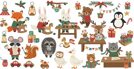 Obraz premium Set of cute woodland animals celebrating christmas with gifts decorations and toys in a whimsical hand drawn watercolor style illustration