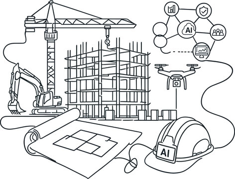 Ai and drones assisting construction site with crane