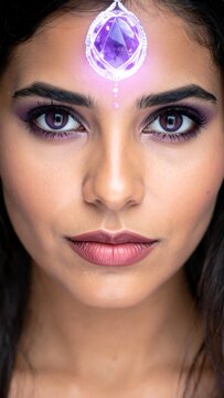 A close-up portrait of a woman with a glowing purple gem on her forehead