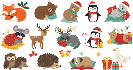 Obraz premium Set of cute woodland animals celebrating christmas with gifts wearing santa hats and scarves isolated on a white background illustration collection