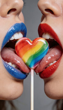due donne leccano un leccalecca a forma di cuore color arcobaleno dai colori LGBTQ+, two women are licking a heart-shaped lollipop with rainbow colors in LGBTQ+ colors