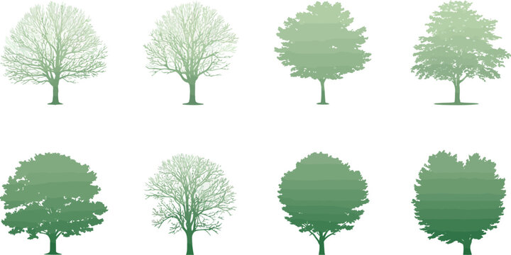 Eight Green Silhouettes of Trees and Bare Branches in Gradient Tones tree, silhouette