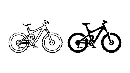 Mountain Bike Icon: A clear and simple graphic representation of a full-suspension mountain bike, presented in both outline and silhouette forms. Ideal for representing outdoor activity, sports. © Hasnani