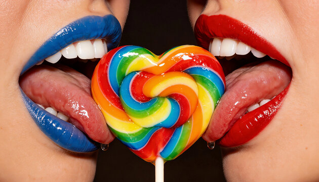 due donne leccano un leccalecca a forma di cuore color arcobaleno dai colori LGBTQ+, two women are licking a heart-shaped lollipop with rainbow colors in LGBTQ+ colors