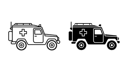 Ambulance vehicle: a medical assistance vehicle with a cross symbol and rooftop antenna, presented in both outline and silhouette styles for versatile use. © maliha