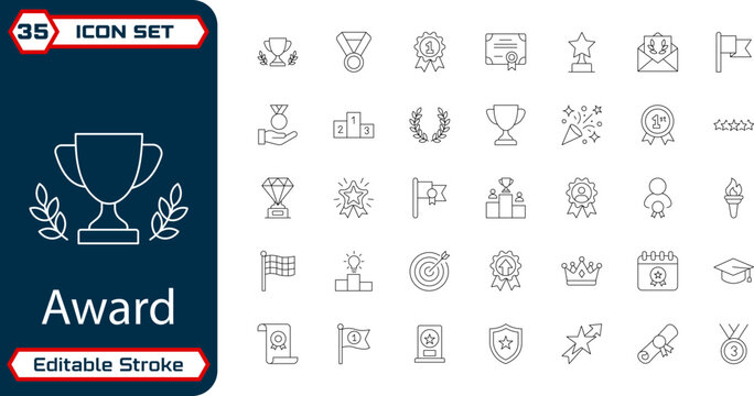 Award Editable Stroke Line Icons Set &ndash; Trophy, Medal, Certificate, Achievement Outline Vector Collection