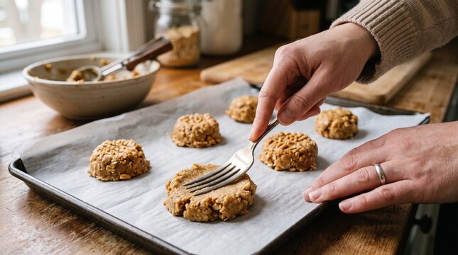 Person using a fork to flatten no bake peanut butter oat cookies on a baking sheet lined with parchment paper