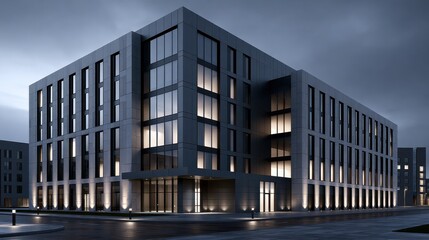 Fototapeta premium Modern dark grey corporate office building illuminated with warm lights at dusk. Perfect for commercial real estate and business concepts.
